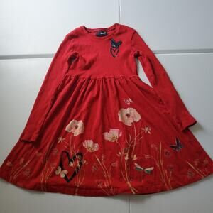 Desigual Dress Girls 9/10 Red Long Sleeve Floral Butterfly Skater Casual Print
